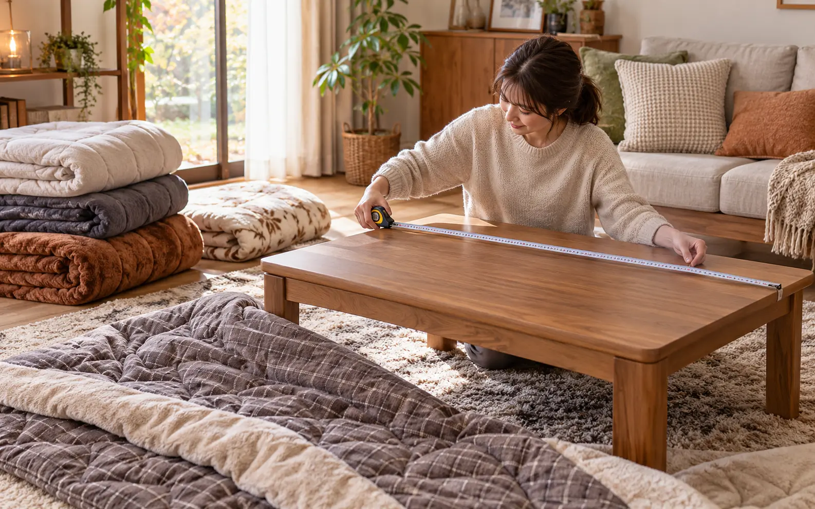 こたつ本体に合うこたつ布団のサイズと形を確認するイメージ
